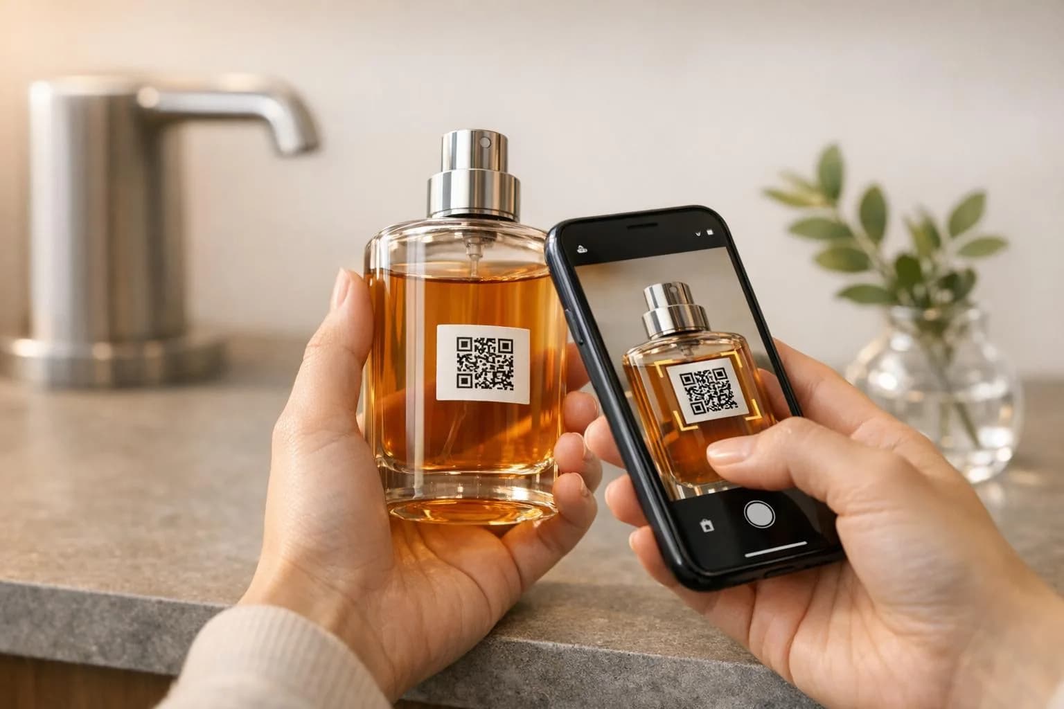 Customer scanning luxury perfume bottle QR