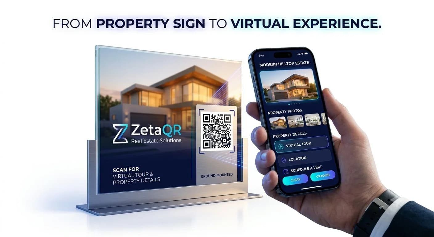 Architectural real estate property sign with ZetaQR code linking to 3D virtual tour and visit scheduling on mobile