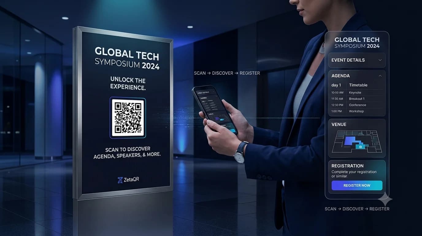 Global tech symposium digital totem with ZetaQR code displaying conference timetable, venue floorplan and registration