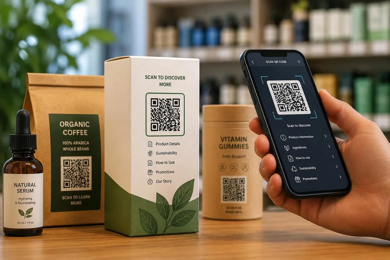 Customer scanning organic coffee box and product packaging QR